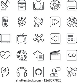 Thin Line Icon Set - tv vector, brainstorm, satellite antenna, clapboard, reel, vinyl, remote control, speaker, headphones, share, favorites list, heart, fast forward, rewind, hdmi, archive chest