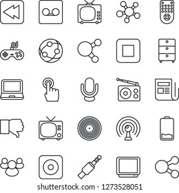 Thin Line Icon Set - tv vector, vinyl, archive chest, radio, antenna, news, gamepad, microphone, remote control, network, touch screen, laptop pc, share, group, finger down, low battery, stop button
