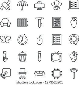 Thin Line Icon Set - tv vector, abacus, mouse, tie, stamp, fence, butterfly, garden light, real heart, satellite, umbrella, cut, office chair, cushioned furniture, restaurant table, dress code, chip