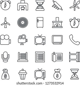 Thin Line Icon Set - tv vector, money bag, film frame, vinyl, video camera, microphone, call, alarm, abacus, office phone, fireplace, rolling pin, outdoor lamp, fridge, windmill, sand clock