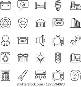 Thin Line Icon Set - tv vector, office building, saw, phone, sale, estate search, agent, bedroom, remote control, air conditioner, intercome, water filter, washer, energy saving bulb, sound, battery