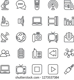 Thin Line Icon Set - tv vector, satellite antenna, film frame, camera, microphone, news, speaker, equalizer, remote control, network, dialog, laptop pc, radio phone, share, group, battery, mail
