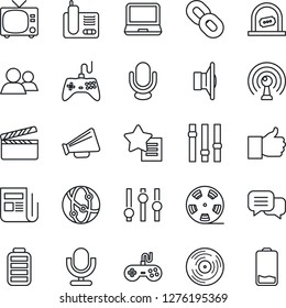Thin Line Icon Set - tv vector, ticket office, clapboard, reel, vinyl, antenna, news, speaker, loudspeaker, gamepad, settings, microphone, network, dialog, laptop pc, radio phone, chain, group, low