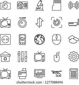 Thin Line Icon Set - tv vector, camera, clouds, helicopter, gear, mouse, microscope, earth, settings, sd, data exchange, eye id, monitor statistics, copier, smart home, socket, wireless, router