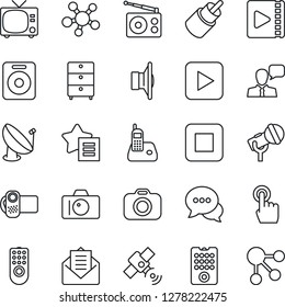 Thin Line Icon Set - tv vector, camera, satellite antenna, archive chest, microphone, radio, speaker, video, touch screen, dialog, phone, share, favorites list, mail, play button, stop, rca