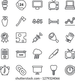 Thin Line Icon Set - tv vector, baggage larry, storm cloud, medal, pen, presentation board, glove, axe, syringe, hospital bed, real heart, implant, 24 hours, monitor, chain, alarm, point graph, ham