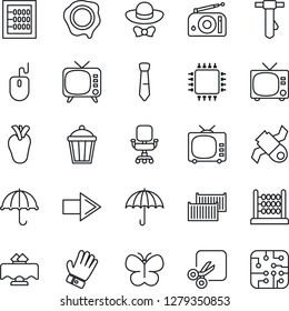 Thin Line Icon Set - tv vector, right arrow, mouse, tie, stamp, glove, butterfly, garden light, real heart, satellite, cargo container, umbrella, radio, cut, abacus, office chair, restaurant table
