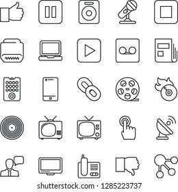 Thin Line Icon Set - tv vector, satellite antenna, reel, vinyl, flame disk, microphone, cell phone, touch screen, speaker, monitor, laptop pc, radio, chain, finger up, down, play button, pause, stop