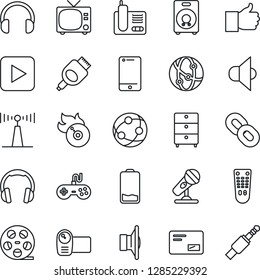 Thin Line Icon Set - tv vector, reel, archive chest, flame disk, microphone, antenna, speaker, gamepad, video camera, remote control, network, cell phone, headphones, radio, chain, finger up, mail