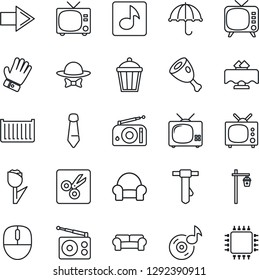 Thin Line Icon Set - tv vector, right arrow, mouse, tie, glove, garden light, cargo container, umbrella, tulip, radio, cut, music, cushioned furniture, restaurant table, dress code, ham, chip