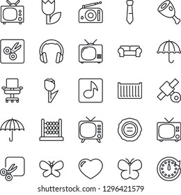 Thin Line Icon Set - tv vector, stamp, butterfly, satellite, cargo container, umbrella, tulip, radio, headphones, heart, cut, music, abacus, office chair, tie, cushioned furniture, ham, clock
