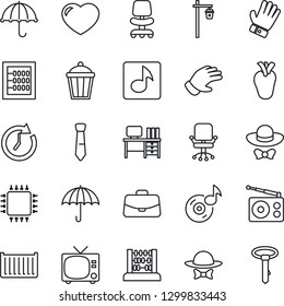 Thin Line Icon Set - tv vector, office chair, case, abacus, desk, glove, garden light, real heart, cargo container, umbrella, radio, music, tie, dress code, chip, clock