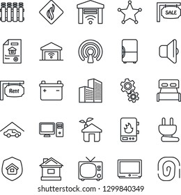 Thin Line Icon Set - tv vector, house, office building, garage, estate document, sale, rent, bedroom, insurance, eco, power plug, water heater, wireless, pc, gear, smoke detector, radiator, sound