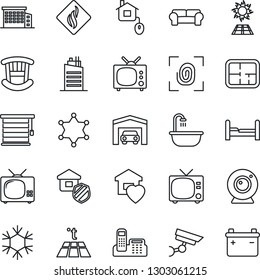 Thin Line Icon Set - tv vector, office phone, garage, plan, building, bedroom, children room, bathroom, cushioned furniture, sweet home, city house, estate insurance, control, fingerprint, snowflake