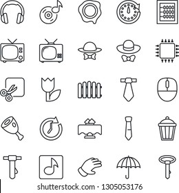 Thin Line Icon Set - tv vector, mouse, tie, stamp, fence, glove, garden light, umbrella, tulip, headphones, cut, music, abacus, restaurant table, dress code, ham, chip, clock