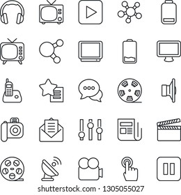 Thin Line Icon Set - tv vector, satellite antenna, clapboard, reel, camera, news, speaker, settings, video, touch screen, dialog, headphones, monitor, radio phone, share, favorites list, low battery