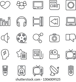 Thin Line Icon Set - tv vector, brainstorm, satellite antenna, film frame, reel, camera, news, speaker, equalizer, remote control, headphones, laptop pc, share, group, finger down, favorites list