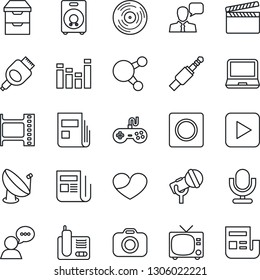 Thin Line Icon Set - tv vector, satellite antenna, clapboard, film frame, vinyl, camera, microphone, news, gamepad, equalizer, speaker, laptop pc, radio phone, share, heart, play button, hdmi