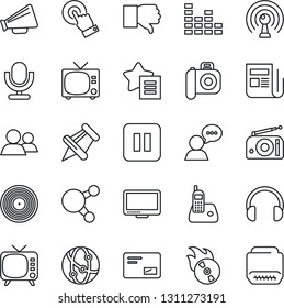 Thin Line Icon Set - tv vector, vinyl, flame disk, camera, radio, antenna, news, loudspeaker, equalizer, microphone, network, touch screen, speaker, headphones, monitor, phone, share, group, mail