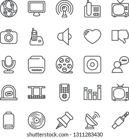 Thin Line Icon Set - tv vector, ticket office, satellite antenna, film frame, reel, vinyl, camera, speaker, equalizer, microphone, remote control, network, monitor, radio phone, finger down, heart