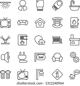 Thin Line Icon Set - tv vector, fireplace, sold signboard, office building, estate agent, children room, bathroom, cushioned furniture, sweet home, power plug, irrigation, water heater, gear, filter
