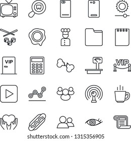 Thin Line Icon Set - tv vector, notepad, stamp, heart hand, eye, broken bone, heavy scales, search cargo, antenna, group, play button, phone back, folder, brightness, calculator, point graph, cook