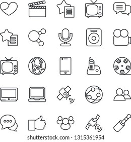 Thin Line Icon Set - tv vector, clapboard, reel, satellite, video camera, microphone, network, cell phone, dialog, laptop pc, radio, share, speaker, group, finger up, favorites list, heart
