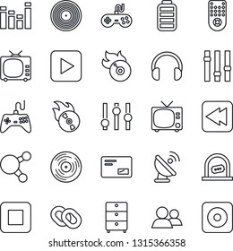 Thin Line Icon Set - tv vector, ticket office, satellite antenna, vinyl, archive chest, flame disk, gamepad, settings, equalizer, remote control, headphones, share, chain, group, battery, mail, stop