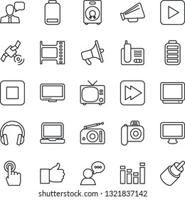 Thin Line Icon Set - tv vector, film frame, camera, radio, satellite, loudspeaker, equalizer, touch screen, speaker, headphones, monitor, laptop pc, phone, finger up, battery, low, play button, stop