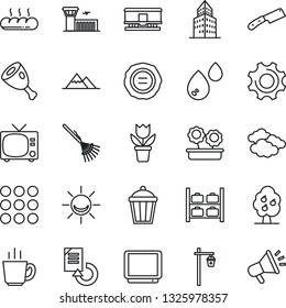 Thin Line Icon Set - tv vector, clouds, luggage storage, airport building, document reload, stamp, flower in pot, rake, garden light, railroad, menu, settings, office, fruit tree, mountains, coffee
