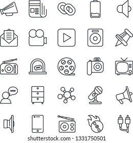 Thin Line Icon Set - tv vector, ticket office, reel, archive chest, flame disk, camera, microphone, radio, news, speaker, loudspeaker, video, cell phone, share, chain, paper pin, low battery, mail