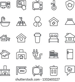 Thin Line Icon Set - tv vector, house, with garage, sale, office building, estate agent, bedroom, bathroom, sweet home, fireplace, smart, eco, power plug, pc, control app, water filter, thermometer