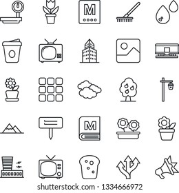 Thin Line Icon Set - tv vector, clouds, airport building, coffee, flower in pot, rake, plant label, garden light, route, heavy scales, railroad, menu, gallery, office, fruit tree, mountains, bread