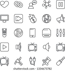 Thin Line Icon Set - tv vector, vinyl, flame disk, satellite, speaker, loudspeaker, settings, remote control, network, cell phone, monitor, share, chain, heart, paper pin, play button, pause, rca