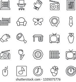 Thin Line Icon Set - tv vector, abacus, mouse, desk, tie, stamp, fence, glove, butterfly, real heart, cargo container, tulip, radio, music, office chair, cushioned furniture, ham, clock