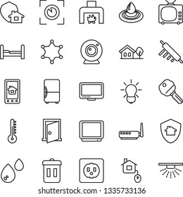 Thin Line Icon Set - tv vector, monitor, house with tree, key, bedroom, fireplace, rolling pin, home control, socket, router, web camera, app, water, thermometer, bulb, eye scan, protect, police