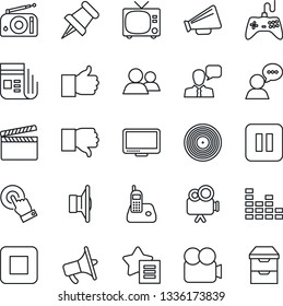 Thin Line Icon Set - tv vector, clapboard, vinyl, radio, news, speaker, loudspeaker, gamepad, equalizer, video camera, touch screen, monitor, phone, group, finger up, down, favorites list, paper pin