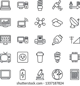Thin Line Icon Set - tv vector, wireless notebook, clouds, monitor pulse, microscope, route, satellite antenna, share, hdmi, cellular signal, charge, statistics, printer, pc, chip, socket, earth