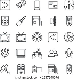 Thin Line Icon Set - tv vector, brainstorm, vinyl, microphone, antenna, satellite, news, speaker, gamepad, settings, video camera, remote control, group, low battery, mail, fast forward, rewind