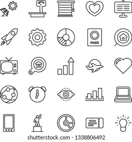 Thin Line Icon Set - tv vector, ticket, passport, gear, growth statistic, pedestal, circle chart, heart, plane, sorting, heavy scales, network, mobile, alarm, eye id, presentation board, notebook pc