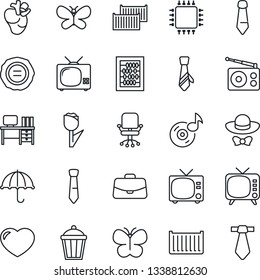 Thin Line Icon Set - tv vector, office chair, case, abacus, desk, tie, stamp, butterfly, garden light, real heart, cargo container, umbrella, tulip, radio, music, dress code, chip