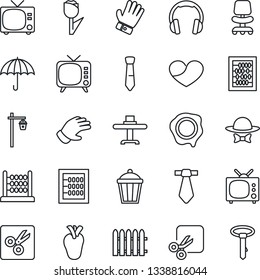 Thin Line Icon Set - tv vector, office chair, abacus, stamp, fence, glove, garden light, real heart, umbrella, tulip, headphones, cut, tie, restaurant table, dress code