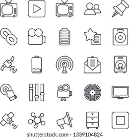 Thin Line Icon Set - tv vector, vinyl, archive chest, antenna, satellite, loudspeaker, settings, video camera, touch screen, monitor, share, chain, speaker, group, favorites list, paper pin, battery