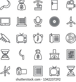 Thin Line Icon Set - tv vector, abacus, money bag, well, sickle, vinyl, video camera, microphone, alarm, office phone, fireplace, rolling pin, fridge, windmill, sand clock