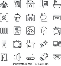 Thin Line Icon Set - tv vector, house, fireplace, bird, garage, sale, bathroom, power plug, fingerprint, fan, remote control, water heater, router, intercome, pc, radiator, outdoor lamp, sound, door