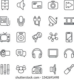 Thin Line Icon Set - tv vector, satellite antenna, film frame, archive chest, camera, microphone, radio, news, speaker, settings, video, cell phone, dialog, headphones, share, group, mail, rca