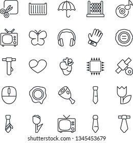 Thin Line Icon Set - tv vector, mouse, tie, stamp, glove, butterfly, real heart, satellite, cargo container, umbrella, tulip, headphones, cut, music, abacus, ham, chip