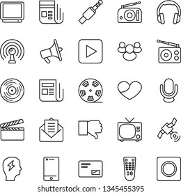 Thin Line Icon Set - tv vector, brainstorm, clapboard, reel, vinyl, radio, antenna, satellite, news, loudspeaker, microphone, remote control, cell phone, headphones, group, finger down, heart, mail