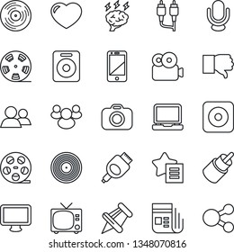 Thin Line Icon Set - tv vector, brainstorm, reel, vinyl, camera, news, microphone, cell phone, monitor, laptop pc, speaker, group, finger down, favorites list, heart, paper pin, rec button, rca