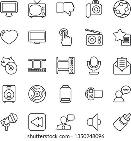 Thin Line Icon Set - tv vector, film frame, vinyl, flame disk, camera, microphone, radio, speaker, video, network, touch screen, monitor, finger down, favorites list, heart, low battery, mail, rca